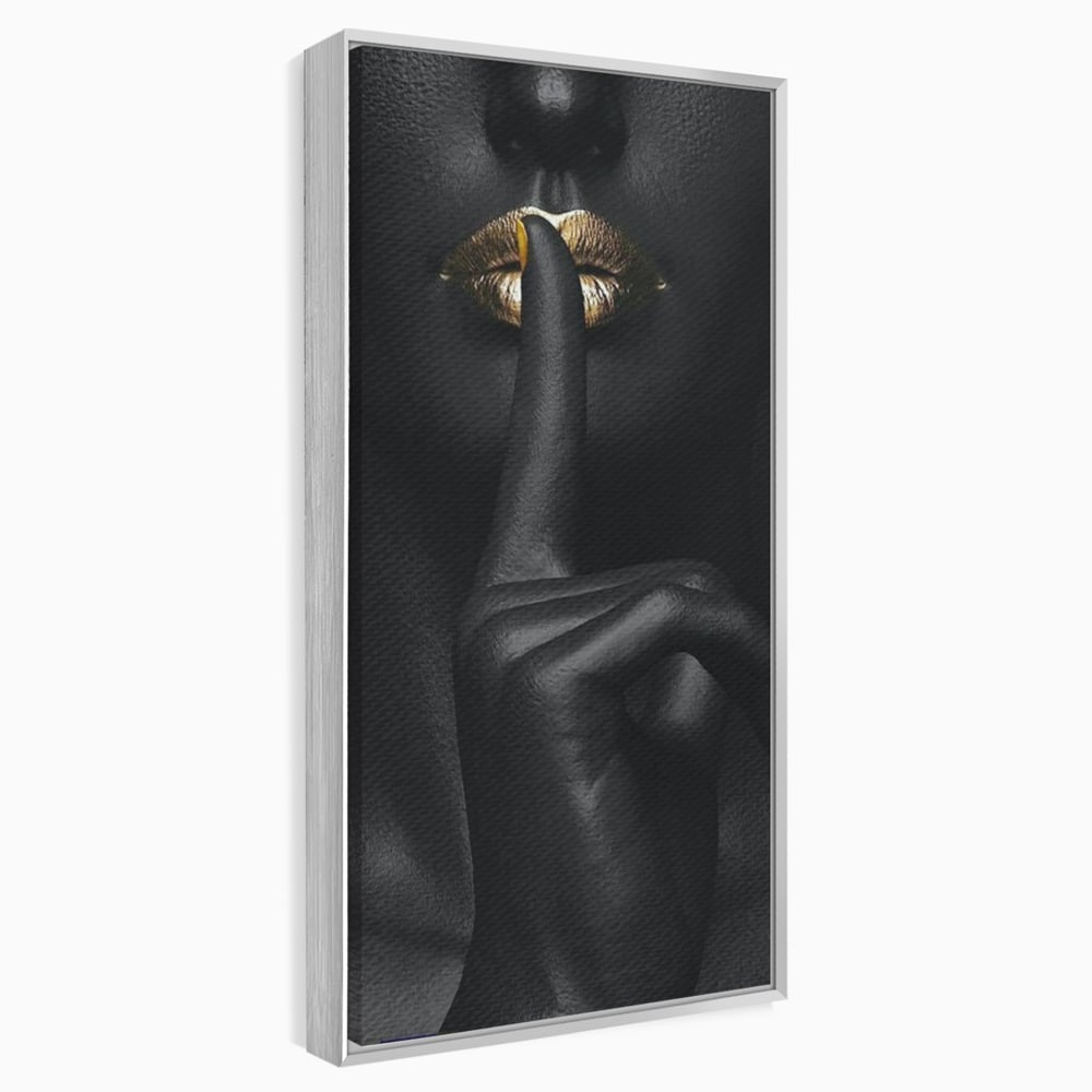 Tablou canvas cu tablou canvas cu buze si deget, in rama de aluminiu argintiu